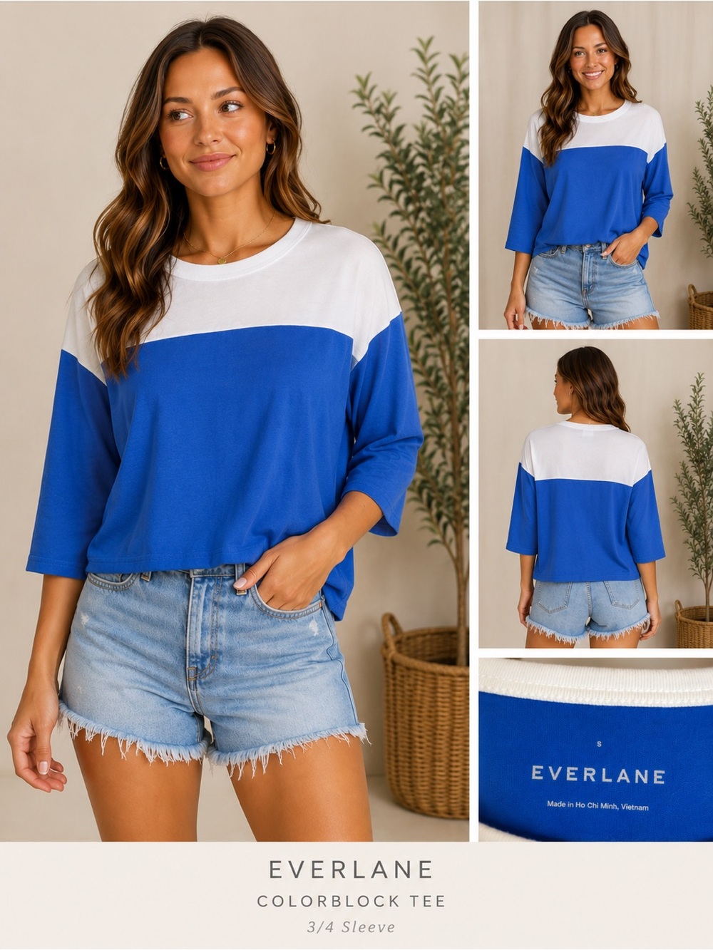 Everlane White and Blue Colorblock 3/4 Sleeve Tee